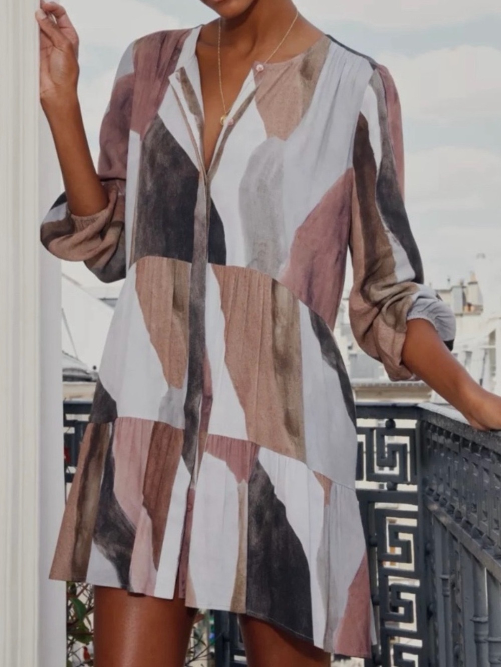 Wilfred - Abstract Watercolor Print Babydoll Boho Flowy Long Sleeve Mini Dress